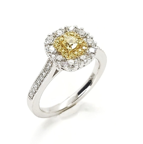 0.26ct Yellow Cushion Cut Diamond Centre with 0.08ctw Yellow Diamond and 0.54ctw White Diamond 18K White and Yellow Gold Ring by Gregg Ruth -Size 6 1/4