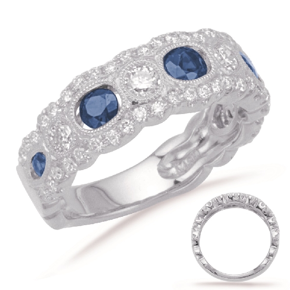 Blue Sapphire 0.73ctw and 0.68ctw Diamond SI1 Clarity; G Colour Milgrain Detail 14K White Gold Ring - Size 6