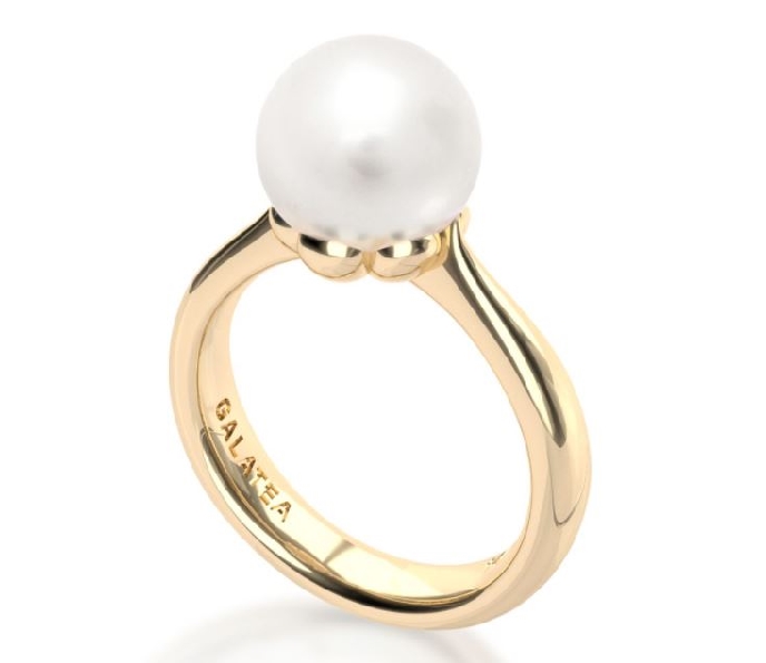 10mm Cultured Fresh Water White Pearl Momento NFC Technology 14K Yellow Gold Ring By Galatea - Size 7 1/4 