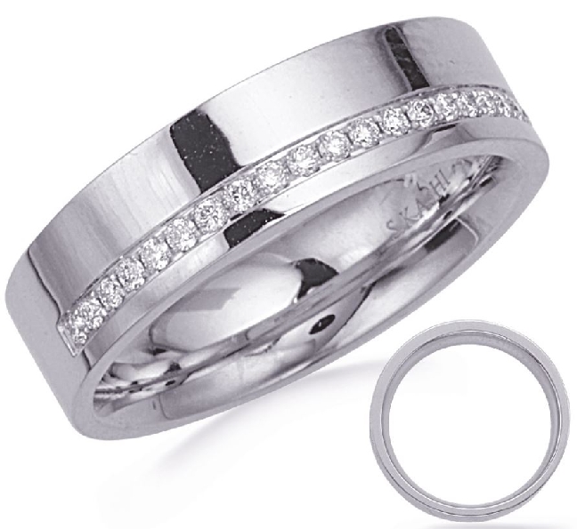 0.19ctw SI1 Clarity; G Colour Rectangle Single Row Bead Off-Set Wide 14K White Gold Band