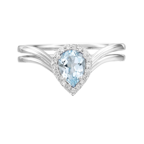 Blue Aqua Pear Shape with 0.10ctw Diamond Halo Pointed 10K White Gold Ring