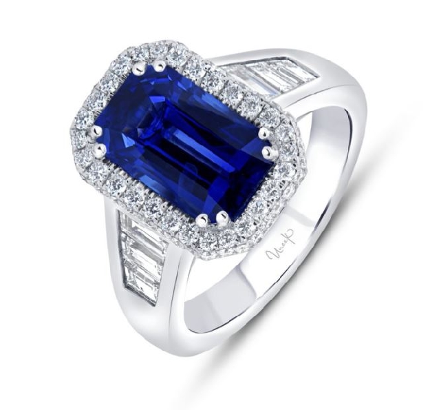Radiant Blue Sapphire 3.14ctw (GIA#2426877856) set with 0.45ctw Round Diamond and 0.82ctw Trapezoid Diamond SI Clarity; GH Colour 18K White Gold Ring by Uneek Fine Jewellery