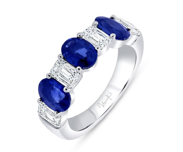 Three Oval Blue Sapphire 3.89ctw set with Four Emerald Cut  1.64ctw Diamond SI Clarity; GH Colour 18K White Gold Ring by Uneek Fine Jewellery