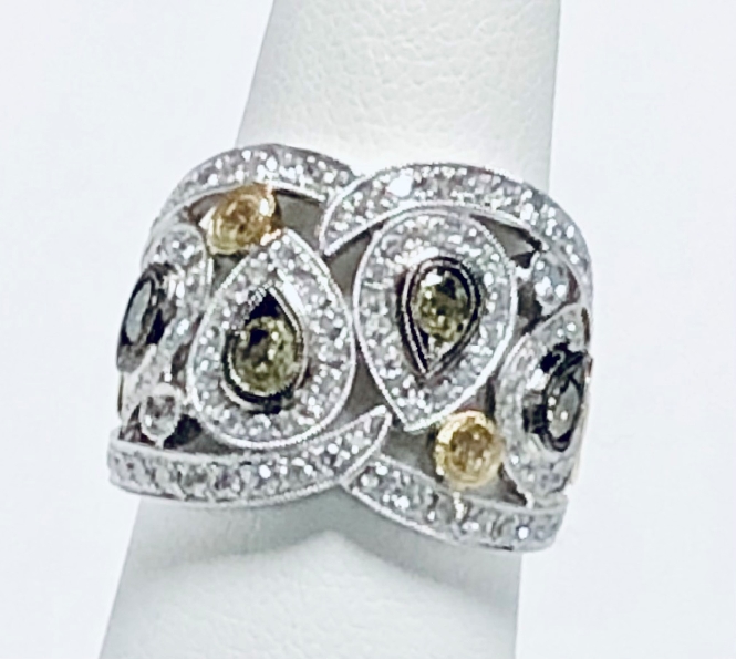 0.78ctw Pear Shape and Round Yellow Diamond with 0.95ctw Diamond VS2-SI1 Clarity; FG Colour 18K Yellow and White Gold Ring