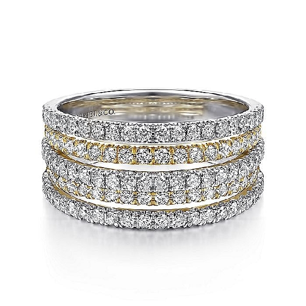 0.90ctw Diamond Alternating Layer Design 14K White and Yellow Gold Wide Fashion Ring from the Lusso Collection by Gabriel & Co. - Serial No. S1041073
