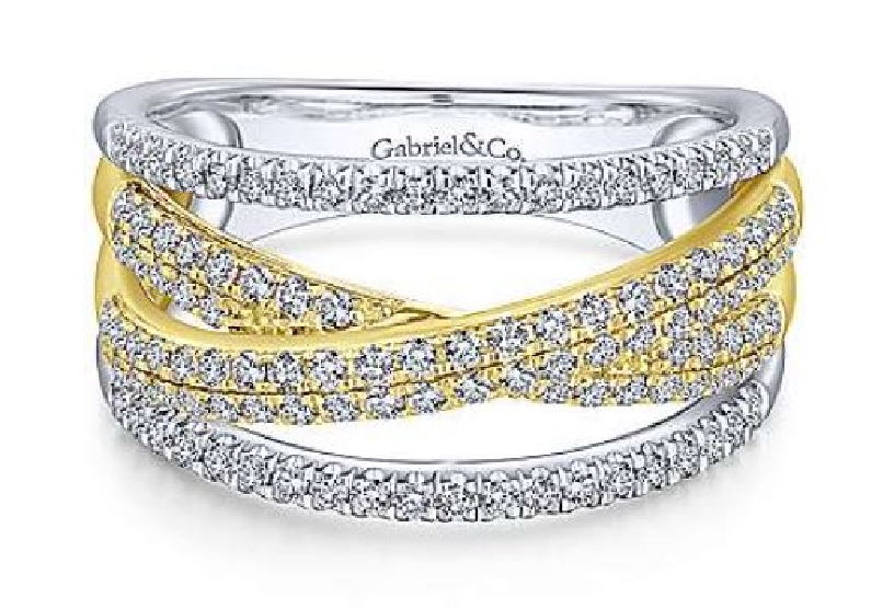 0.61ctw Pave Diamond Criss Cross Design 14K White and Yellow Gold Wide Fashion Ring from the Lusso Collection by Gabriel & Co. - Serial No. S1407894