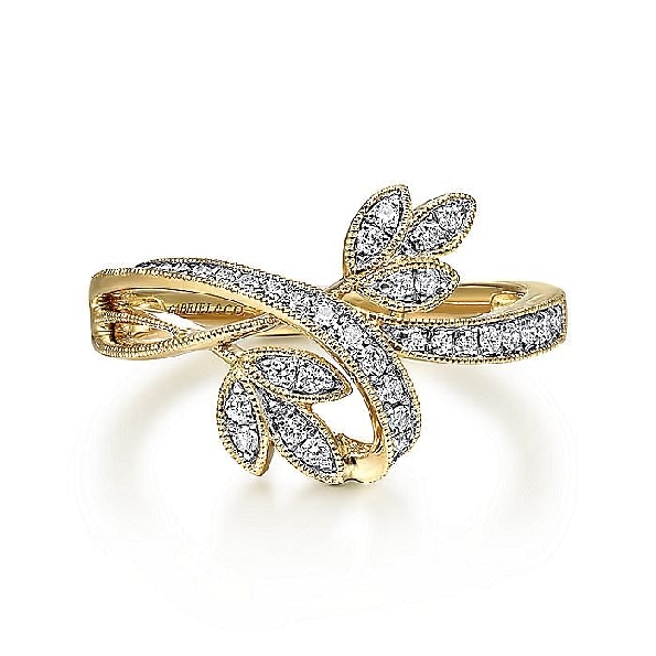0.24ctw Diamond Double Leaf Bypass 14K Yellow Gold Ring from the Victorian Collection by Gabriel & Co - Serial No. S1041342 - Size 6 1/2 
