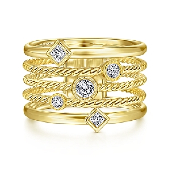 Five Row Multi Shape 0.25ctw Diamond Rope Design 14K Yellow Gold Ring from the Hampton Collection by Gabriel & Co. - Serial No. S1041343