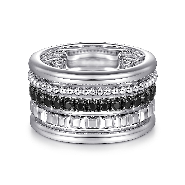 High Polish Wide Mixed Pattern Triple Row 0.93ctw Black Spinel Sterling Silver Ring from the Bujukan Collection by Gabriel & Co. - Serial No. S2142614