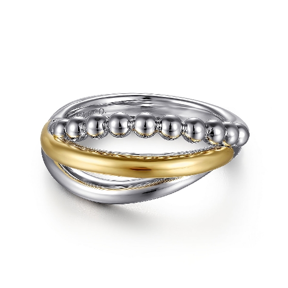 High Polished and Beaded Wave Design Sterling Silver and 14K Yellow Gold Ring - from the Bujukan Collection by Gabriel & Co. - Serial No. S2011102