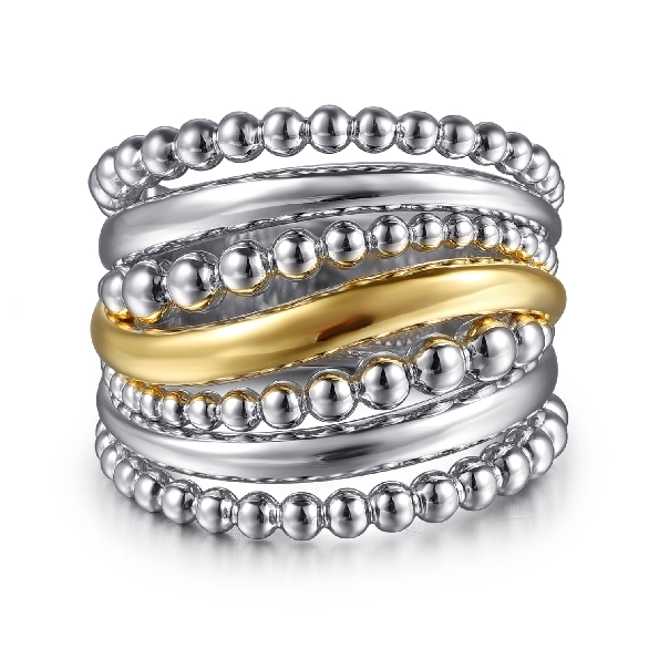 High Polished and Beaded Seven Row Wave Design Sterling Silver and 14K Yellow Gold Ring - from the Bujukan Collection by Gabriel & Co. - Serial No. S2387277