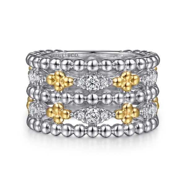 High Polished and Beaded Wide Five Row Design 0.42ctw White Sapphire Sterling Silver and 14K Yellow Gold Ring - from the Bujukan Collection by Gabriel & Co. - Serial No. S2387273