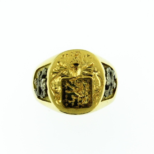 Large Aquitane Signet with Lion Rampant Applique 18K Yellow Gold Ring by Coeur De Lion