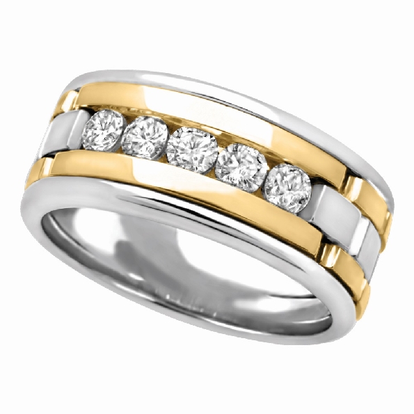 0.705ct Fire and Ice Canadian Diamond I1 Clarity; G-I Colour (CAD187150; CAD187146; CAD187143; CAD148605; CAD148591) Five Diamonds Channel Set Wide 10K Yellow and White Gold Gents Ring - Made in Canada