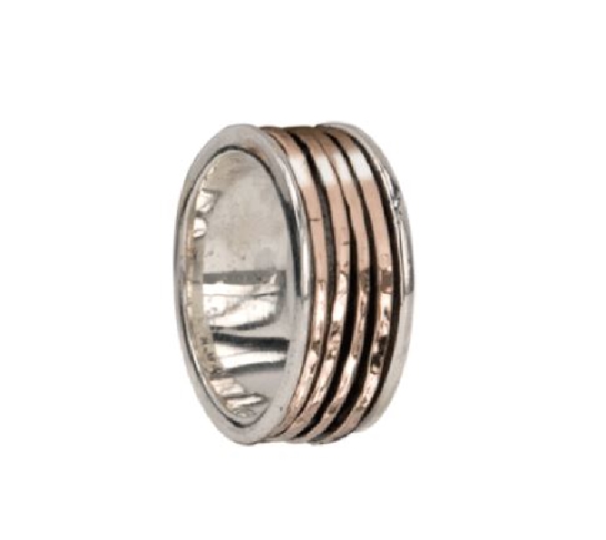 Moon 8mm Wide Sterling Silver Ring with 4 Centre Hammered 9K Rose Gold Spinning Band from the Gold & Silver Zen Collection by MeditationRings.