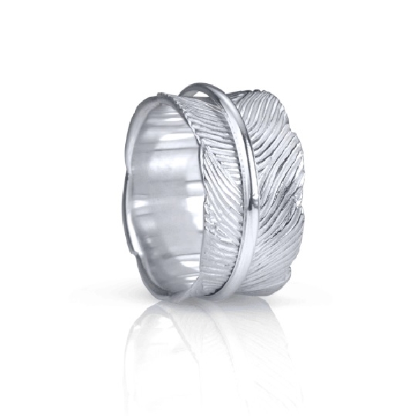 Terra 11mm Wide Sterling Silver Ring with Organic Leaf Pattern and One Silver Spinning Band from the Silver Serenity Collection by MeditationRings.