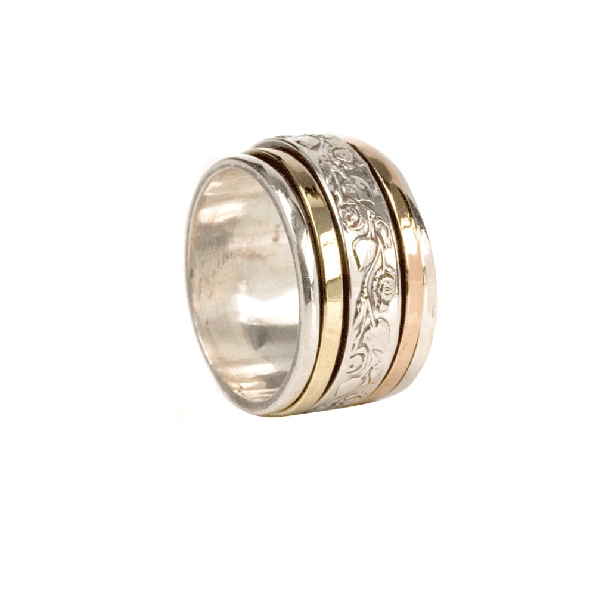 Harmony 11mm Wide Ring with Sterling Silver Flower Centre Spinning Band; One 9K Yellow Gold Spinning Band and One 9K Rose Gold Spinning Band from the Gold and Silver Zen Collection by MeditationRings - Size 7 - 25% Off - Final Sale