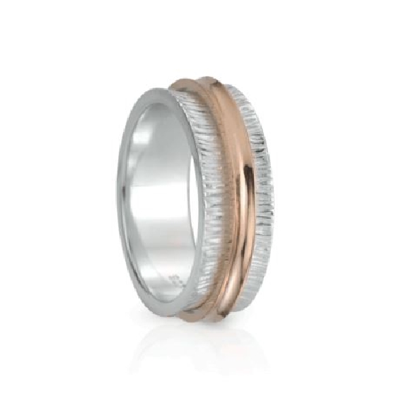 Desire 7mm Wide Sterling Silver Ring with Shiny Textured Finish and solid 9K Rose Gold Spinning Band by MeditationRings.
