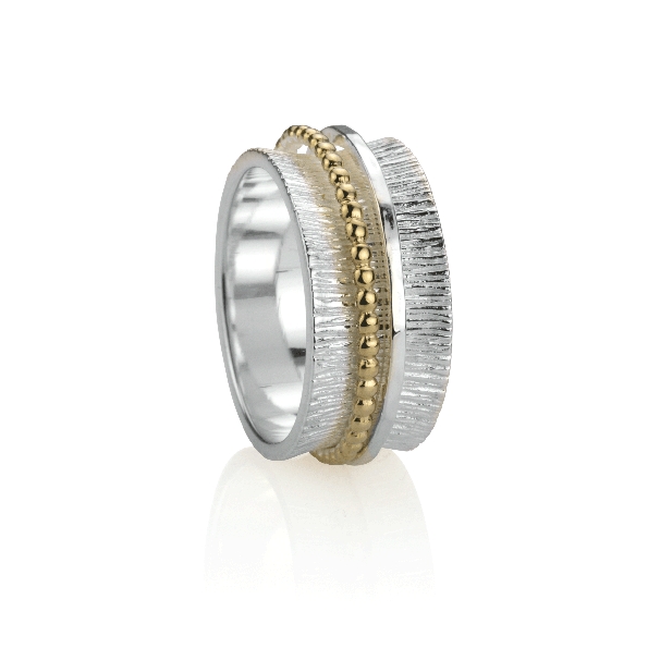 Nurture 10mm Wide Sterling Silver Textured; One 9K Solid Beaded Yellow Gold Spinning Band and Hammered Sterling Silver Spinnng Band from the Gold and Silver Zen Collection by MeditationRings
