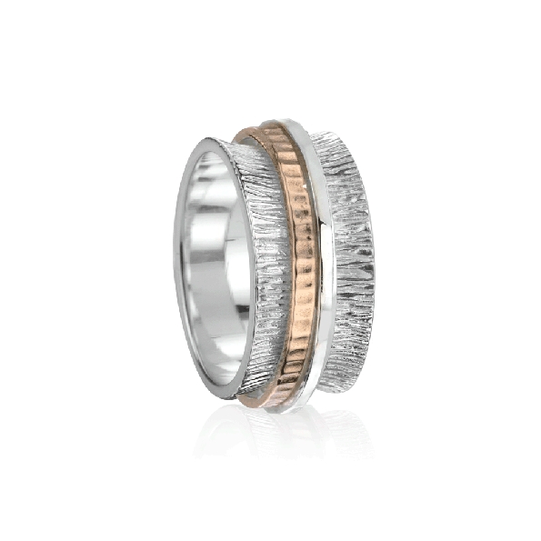 Mantra 10mm Wide Sterling Silver Textured; One 9K Rose Gold Spinning Band and Hammered Sterling Silver Spinnng Band from the Gold and Silver Zen Collection by MeditationRings