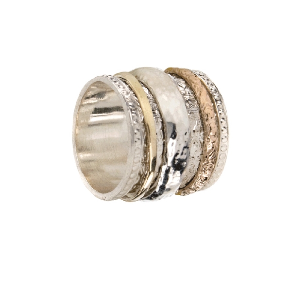 Namaste 18mm Wide Filigree Ring with one Thick Silver Hammered Finish; one 9K Rose Gold and one 9K Yellow Gold Spinning Bands from the Gold and Silver Zen Collection by MeditationRings