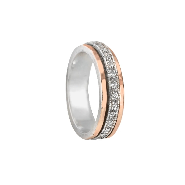 Wonder 6mm Sterling Silver Ring with Hammered 10K Rose Gold Edges and One CZ Spinning Band from the Eternal Jewel Collection by MeditationRings® - Size 6