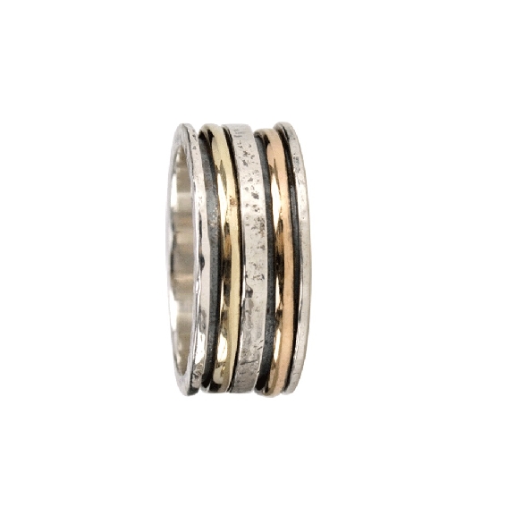 Universe 8mm Wide Sterling Silver Ring with One 9K Rose Gold Spinning Band and One 9K Yellow Gold Spinnng Band from the Gold and Silver Zen Collection by Meditation Rings.