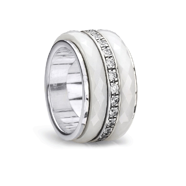 Purity 12mm Wide Sterling Silver Ring with Square Border Design; Two White Faceted Ceramic Spinning Bands and One CZ Spinning Band from the Eternal Jewel Collection by MeditationRings.