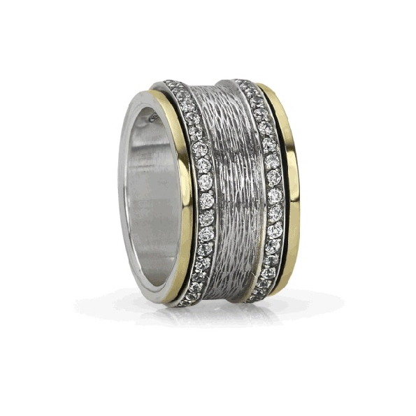Grace 12mm Wide Sterling Silver Ring with Brushed Centre; Two Shiny 10K Yellow Gold Spinning Bands and Two CZ Spinning Bands from the Eternal Jewel Collection by MeditationRings.