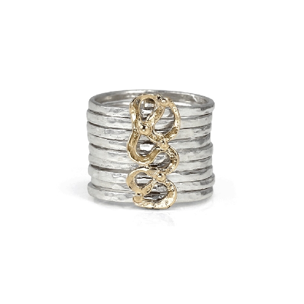Flow 15mm Wide with 9 Hammered Sterling Silver Bands Connected with 9K Intricate Design From the Free Floating Collection by MeditationRings.