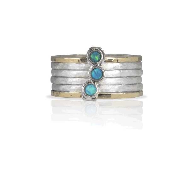 Azure 10mm Wide Multi Band Sterling Silver Ring with Two 9KY Shiny Gold Accent Spinning Bands; Four Brushed Silver Spinning Bands and 3 Blue Opals from the Free Floating Collection by MeditationRings