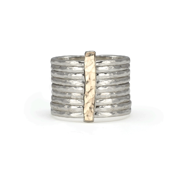 Breath 16mm Wide with 10 Hammered Sterling Silver Bands Connected with 9K Yellow Gold Accent Bar From the Free Floating Collection by MeditationRings.