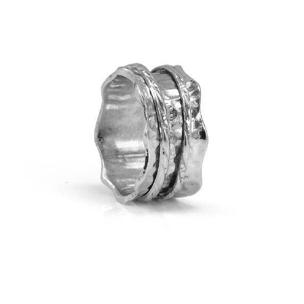 Sea 10mm Wide Sterling Silver Ring with Scalloped Edges and Two Silver Spinning Bands from the Silver Serenity Collection by MeditationRings. - Size 6