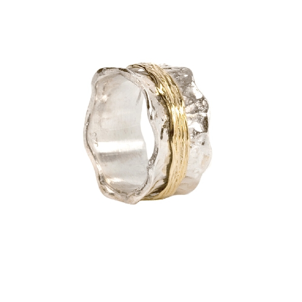 Heaven 10mm Wide Sterling Silver Ring with Scalloped Edges; One 9K Yellow Gold Spinning Band from the Gold and Silver Zen Collection by Meditation Rings - Size 6 1/2
