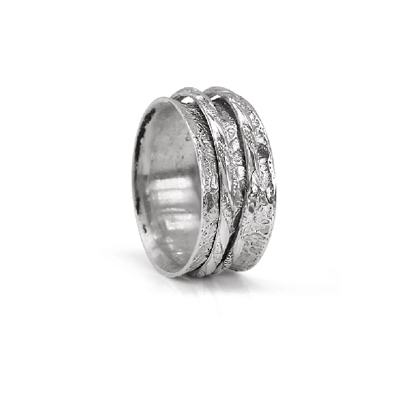 Awaken 9mm Wide Sterling Silver Ring with Textured Pattern and Two Thin Textured Spinning Bands from the Silver Serenity Collection by MeditationRings. - Size 5
