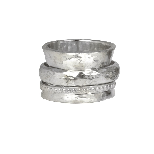Peace 14mm Wide Sterling Silver Ring with One Thick Hammered Spinning Band and One Thin Patterned Spinning Band from the Silver Serenity Collection by MeditationRings. - Size 7
