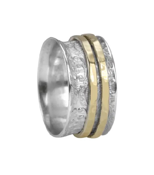 Aura 10mm Wide Sterling Silver Ring Leaf Pattern with Scalloped Edges; two 9K Yellow Gold Bonded Spinning Band by Meditation Rings - Size 7