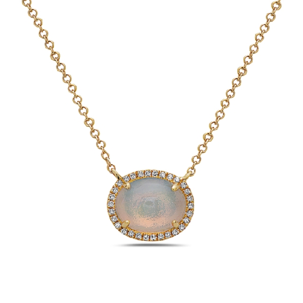 1.02ct Oval Opal with 0.07ctw Diamond Halo 14K Yellow Gold Necklace by Bassali Jewellery - 18 Inch