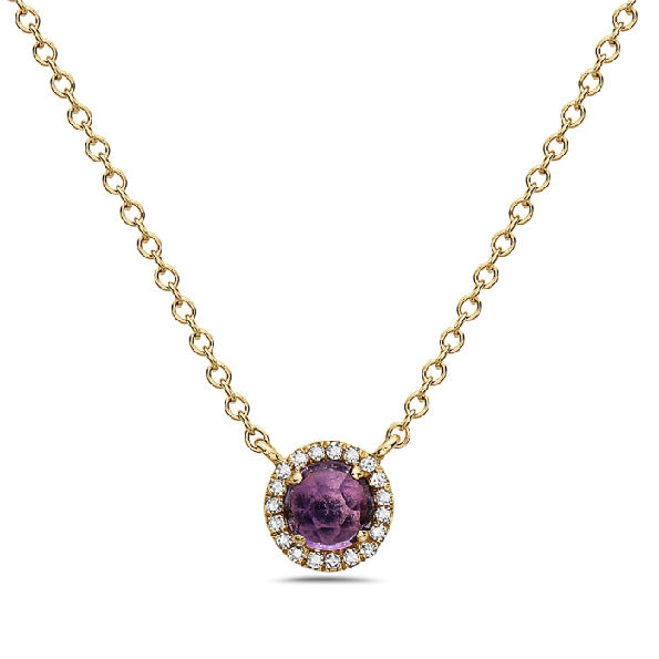 Round Amethyst with 0.05ctw Diamond Halo 14K Yellow Gold Necklace by Bassali Jewellery - 18 Inch