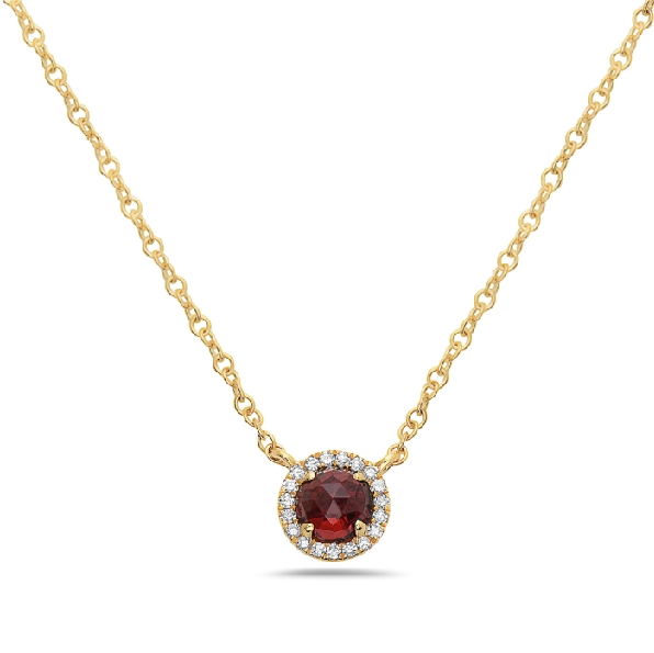 Round Garnet with 0.05ctw Diamond Halo 14K Yellow Gold Necklace by Bassali Jewellery - 18 Inch