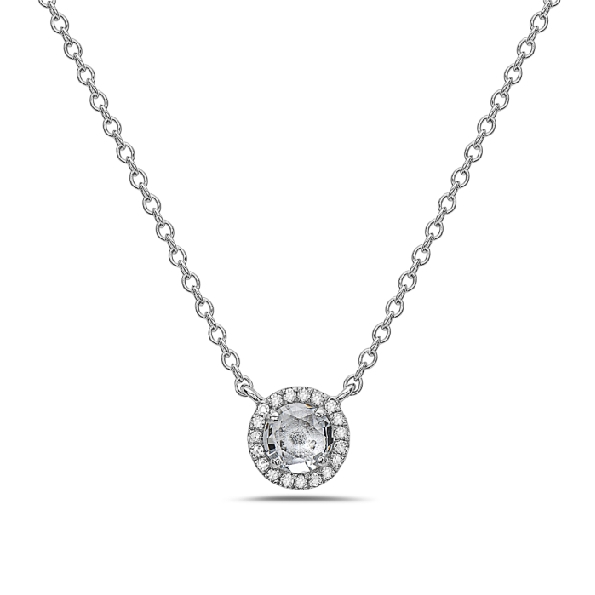 Round Aquamarine with 0.05ctw Diamond Halo 14K White Gold Necklace by Bassali Jewellery - 18 Inch