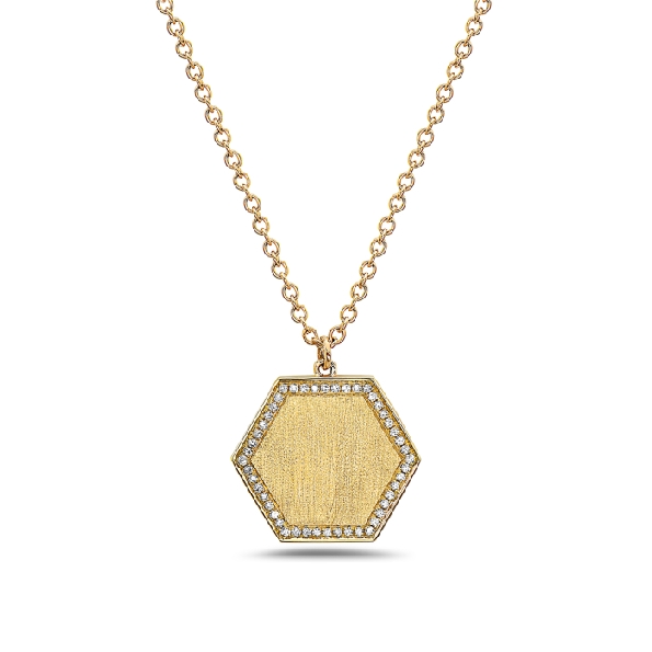 Hexagon with 0.11ctw Diamond Outline and Satin Finish Centre 14K Yellow Gold Necklace by Bassali Jewellery - 18 Inch