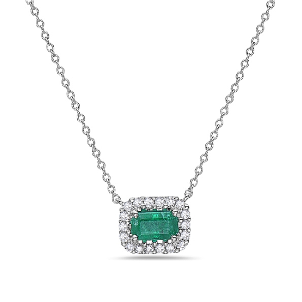Emerald with 0.09ctw Diamond Halo 14K White Gold Necklace by Bassali Jewellery - 16-18 Inch