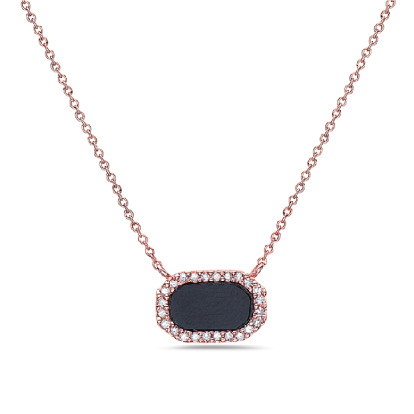 Black Onyx with 0.09ctw Diamond Halo 14K Rose Gold Necklace by Bassali Jewellery - 18 Inch