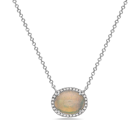 1.81ct Oval Opal with 0.22ctw Diamond Halo 14K White Gold Necklace by Bassali Jewellery - 16-18 Inch