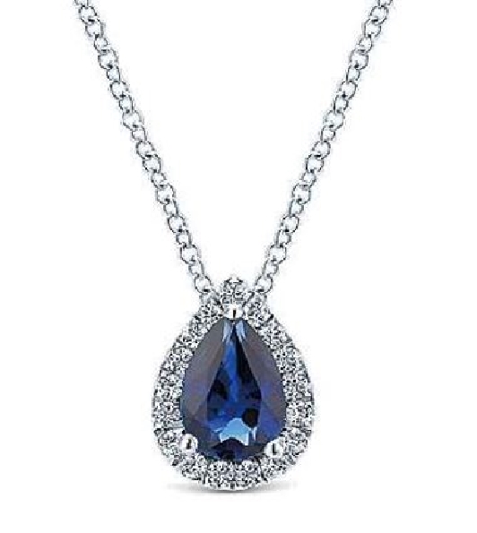 Pear Shape Blue Sapphire 0.84ct set with 0.17ctw Diamond 14K White Gold Pendant and Chain from the Lusso Colour Collection by Gabriel & Co. - Serial No. S108431