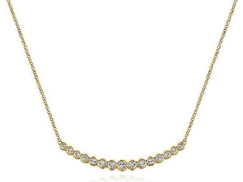 Curved Graduated Milgrain Bezel 0.51ctw Diamond Bar 14K Yellow Gold Necklace from the Lusso Collection by Gabriel & Co. - Serial No. S1041087