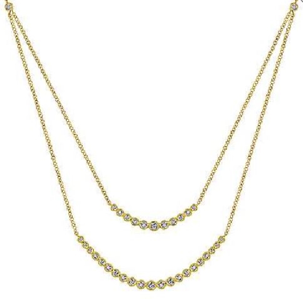 Curved Milgrain Bezel 0.74ctw Diamond Double Strand Bar 14K Yellow Gold Necklace from the Victorian Collection by Gabriel & Co. - Serial No. S1041357
