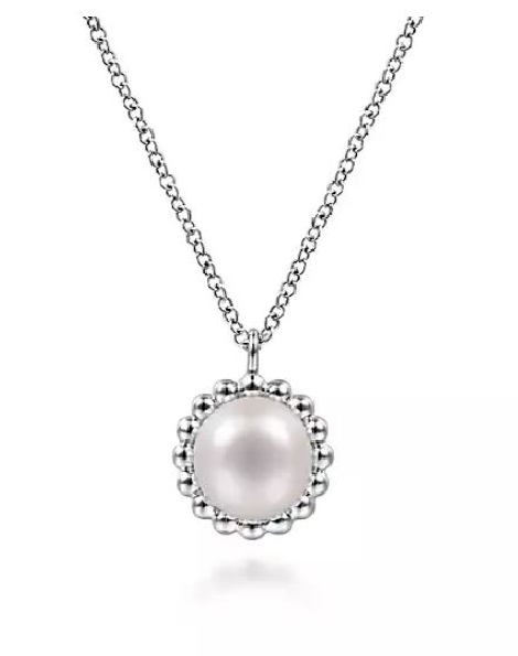 White Pearl with Beaded Frame Sterling Silver Pendant with 17.5 Inch Adjustable Chain from the Bujukan Collection by Gabriel & Co. - Serial No. S1778318