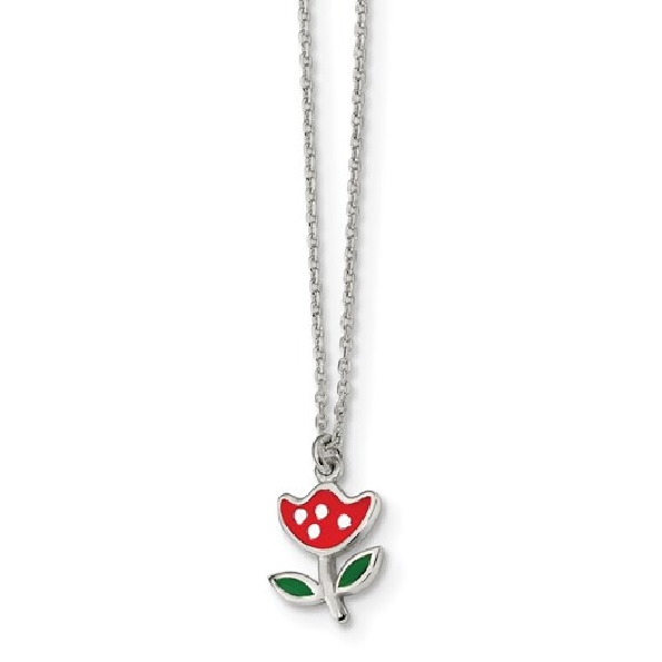 Enamel Red and Green Polished Flower Pendant- 14 Inch
